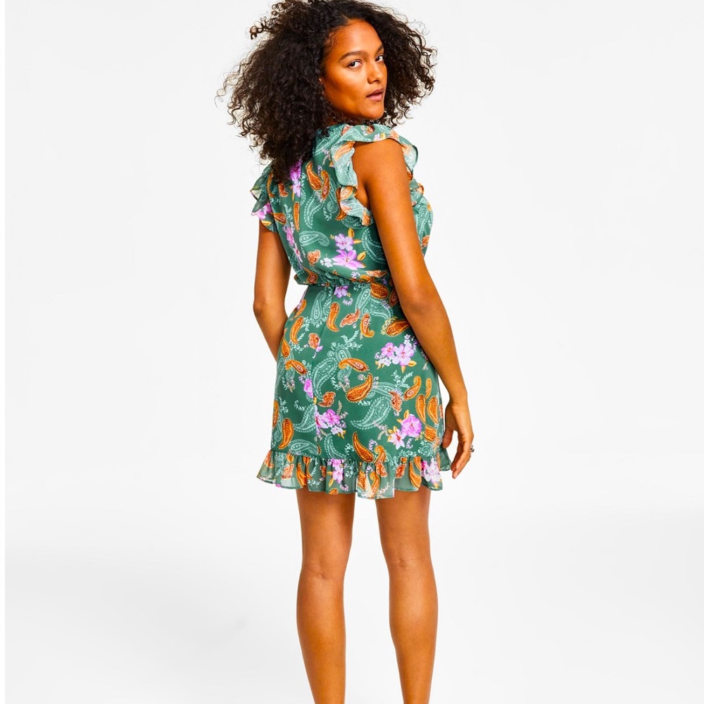Bar III Green Pink Ruffled Wrap Sundress - Picture 2 of 8